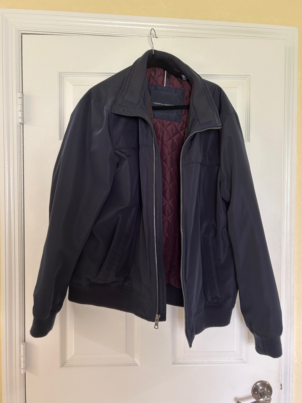 Tommy Hilfiger Navy Bomber Jacket with Burgundy Quilted Lining